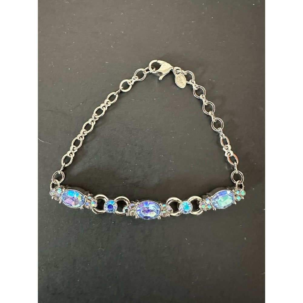 Monet Blue Stone & Rhinestone Silver Tone 7.25 Inch Bracelet Lobster Claw Sparkl
